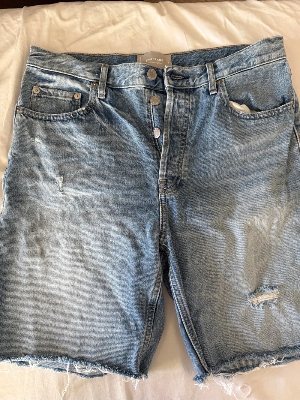 Everlane Cheeky long short Light Wash Distressed Denim Cutoff Shorts